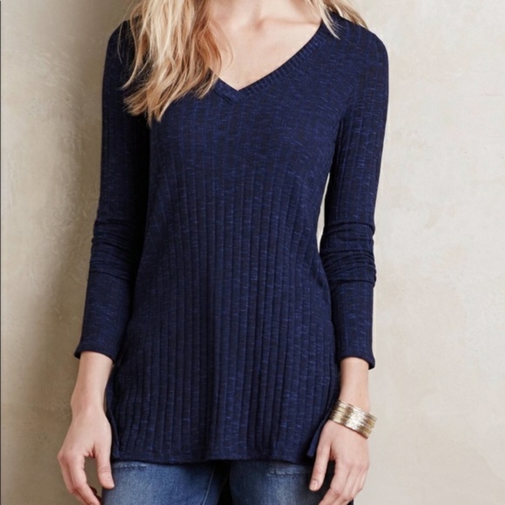 Anthropologie Deletta Small Navy Blue Ribbed V Neck Tunic Top - Picture 1 of 10